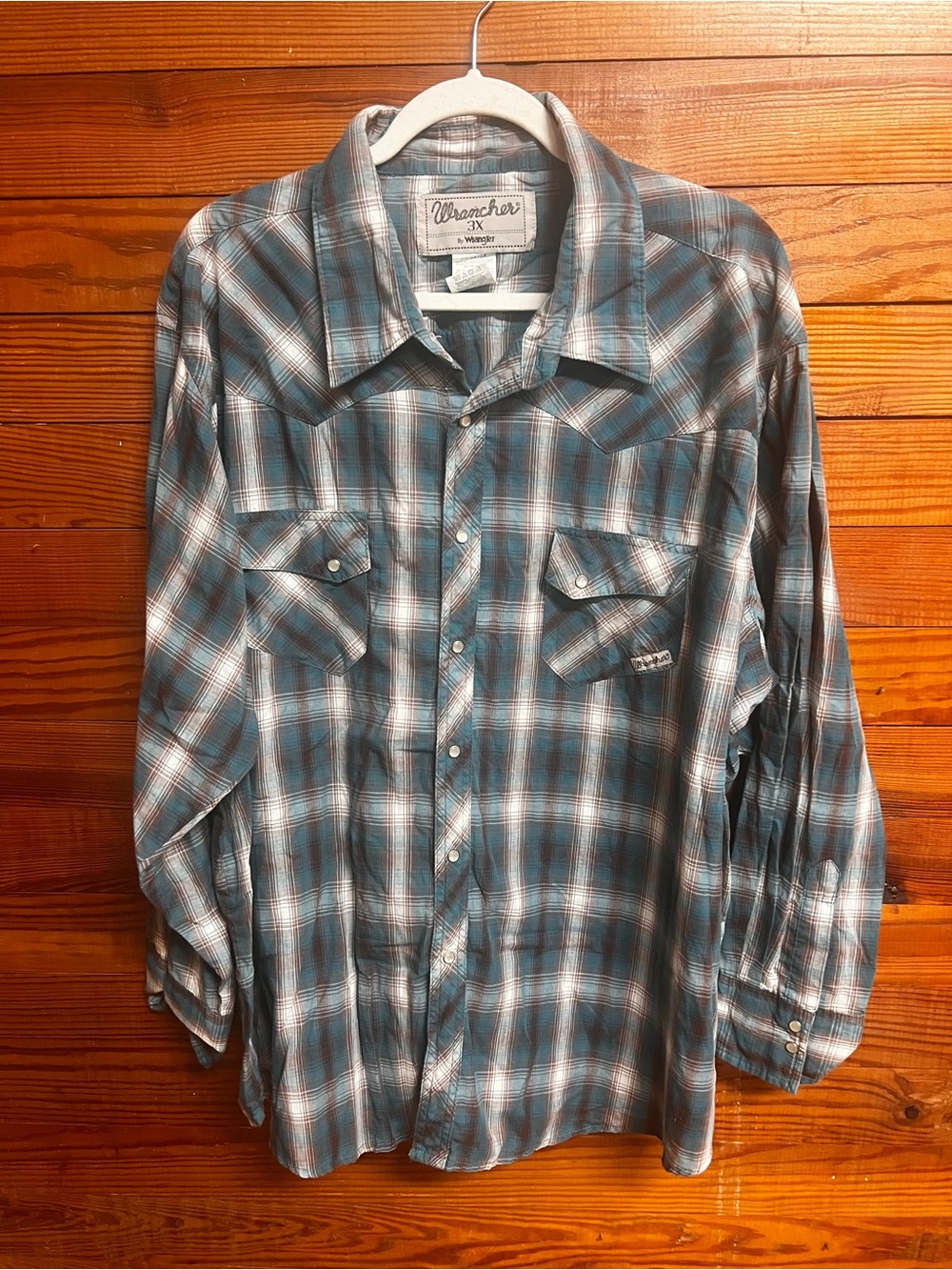 Wrangler Wrancher Mens 3X Western Shirt Teal Plaid Pearl Snap Long Sleeve